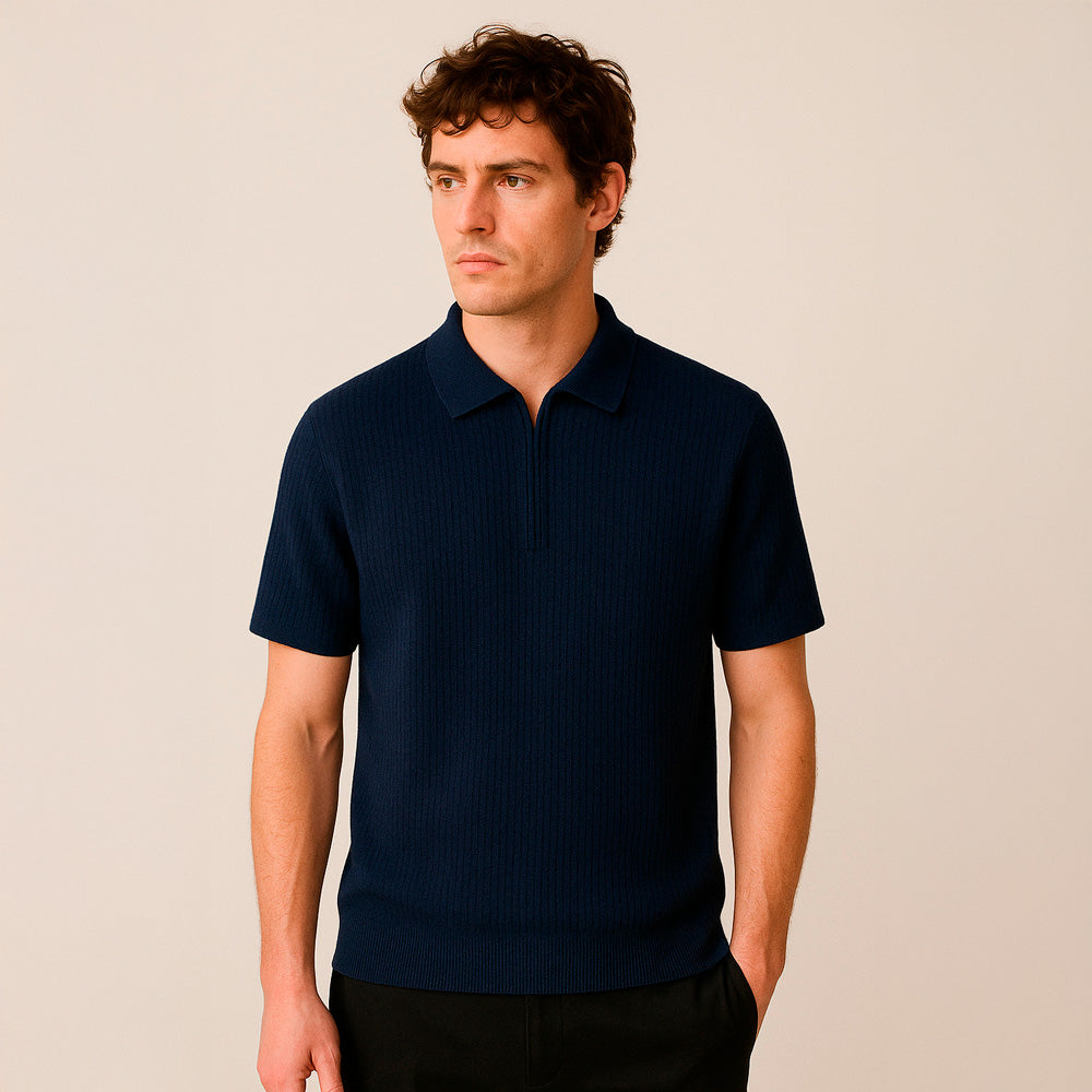SLIM KNITTED SILK ZIP-UP POLO SHIRT