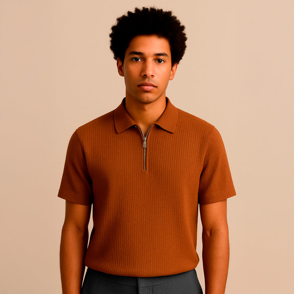 SLIM KNITTED SILK ZIP-UP POLO SHIRT