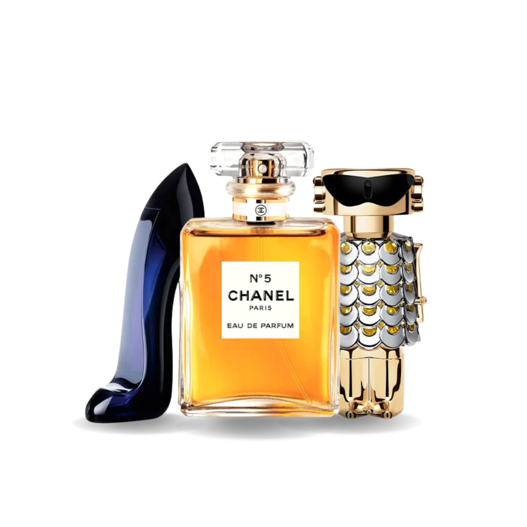 Combinación promocional de 3 perfumes C. H. GD GRL, Chnl Nº5 y Pc Rbn FM