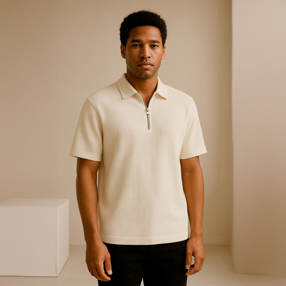 SLIM KNITTED SILK ZIP-UP POLO SHIRT